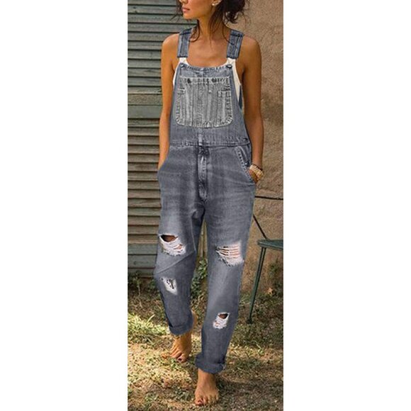 Adjustable Strap Loose Distressed Ripped Bib Overall Jumpsuit Size L - Picture 2 of 4